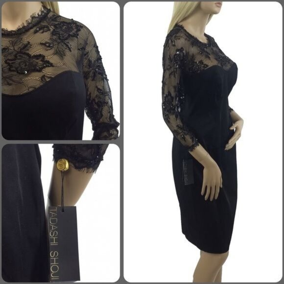 NWT Tadashi Shoji Black Lace Sequin Dress 10 | Mob Wife Dark Romance Luxury LBD - Picture 6 of 11